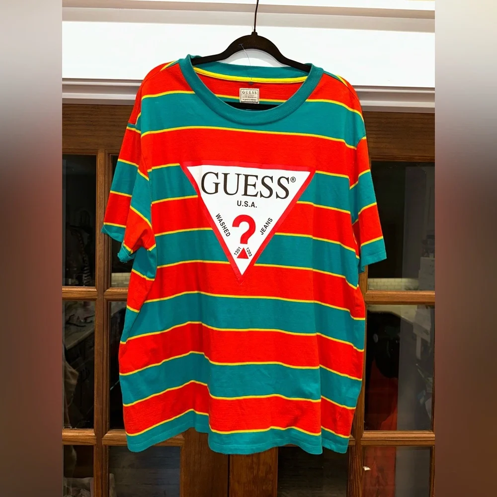 EUC Vintage Guess Size XL Men's Colorful Striped Tee in Red and Teal - Picture 2 of 11